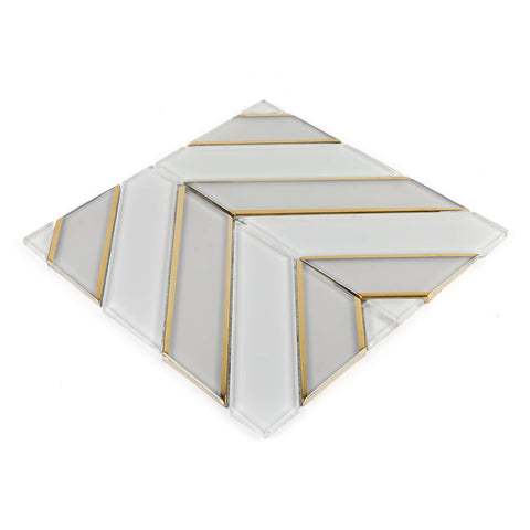 Glass Gold Metal Trim Herringbone Mosaic Sheet Tile.